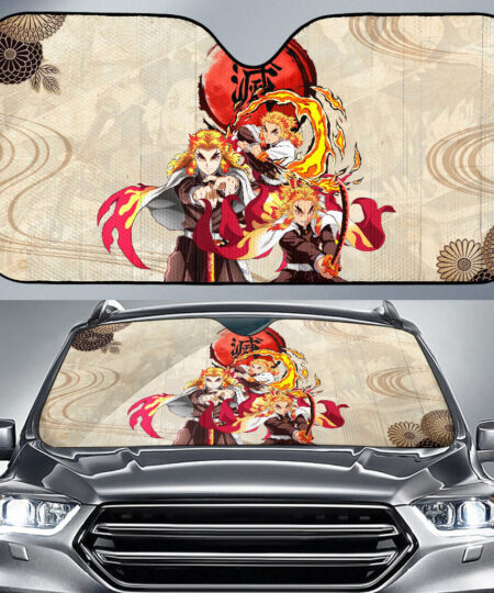 Demon Slayer Anime Car Sunshade Rengoku Fire Breath Power Red Sun Car Sun Shade