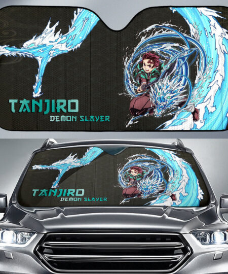 Demon Slayer Anime Car Sunshade Tanjiro Water Breath Dragon Power Black Pattern Car Sun Shade