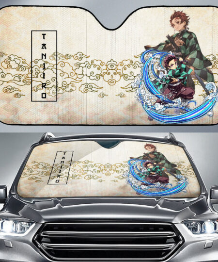 Demon Slayer Anime Car Sunshade Tanjiro Water Breath Power Vintage Cloud Pattern Car Sun Shade