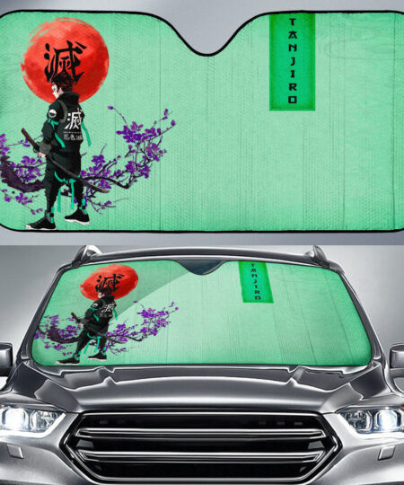 Demon Slayer Anime Car Sunshade Tanjiro Wearing Modern Clothes Green Theme Car Sun Shade