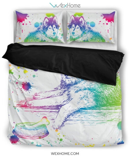 Siberian Husky Watercolor White Background Bedding Set